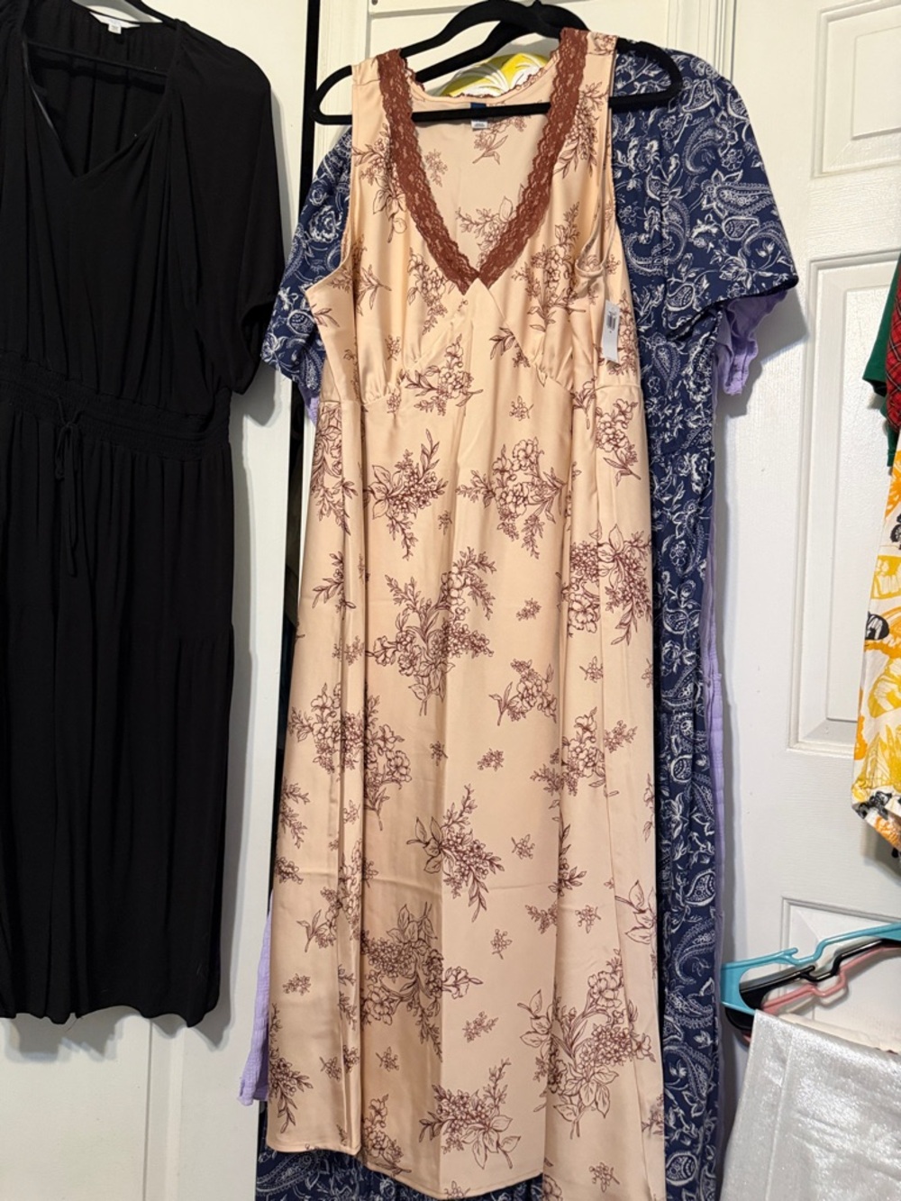 Old Navy Peach Floral Maxi Dress with Brown Lace Trim